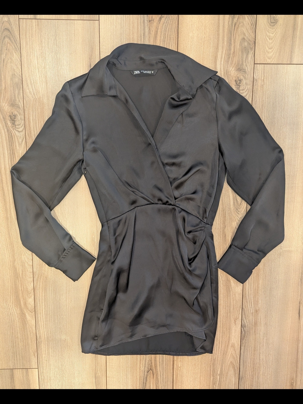 Zara Black Long-Sleeve Satin Wrap Dress